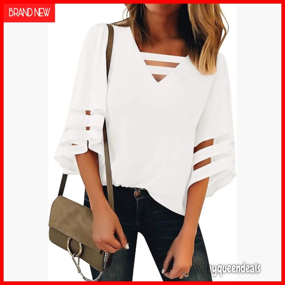 Strappy V-Neck Blouse with Bell Sleeves and Mesh Panels